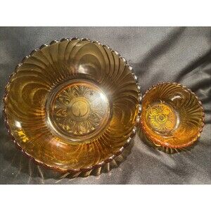 Beautiful VTG Amber Brockway Nouveau Chip and Dip Bowl Set Fruit & Dip Bowls